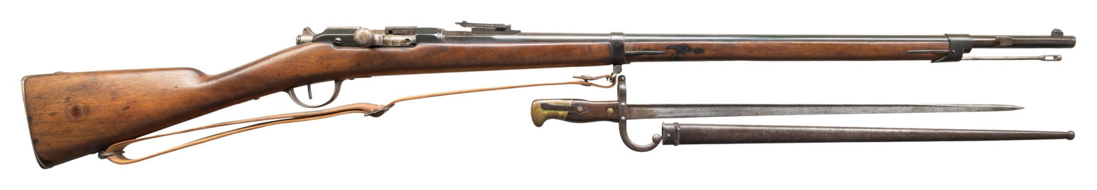FRENCH GRAS MLE 1874 BOLT ACTION RIFLE.: Cal. 11mm Gras. S# G99535. Bbl. 32 1/3". Blade front sight. Ladder front sight graduated to 1800m. Rear sight base is missing its screw. Matching numbers on bbl., stock, & bayonet lug. Bolt & other sm