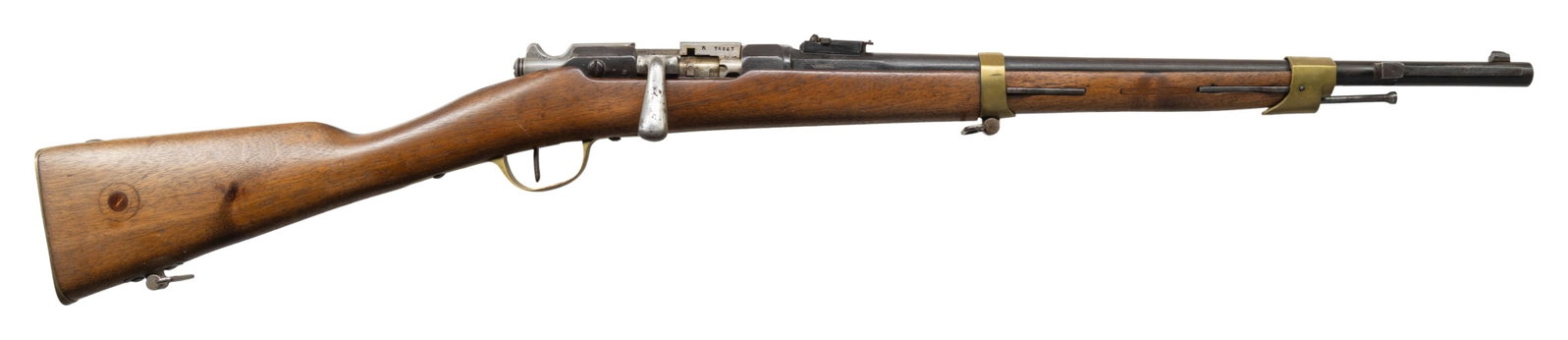FRENCH 1866-74 ARTILLERY MUSKETOON GRAS BOLT: ACTION RIFLE. Cal. 11mm Gras. S# 81218. Bbl. 20". Blade front sight. ladder rear sight graduated to 1200m. Matching numbers on receiver & bayonet lug. Other visible parts unnumbered or mismatched. Bol