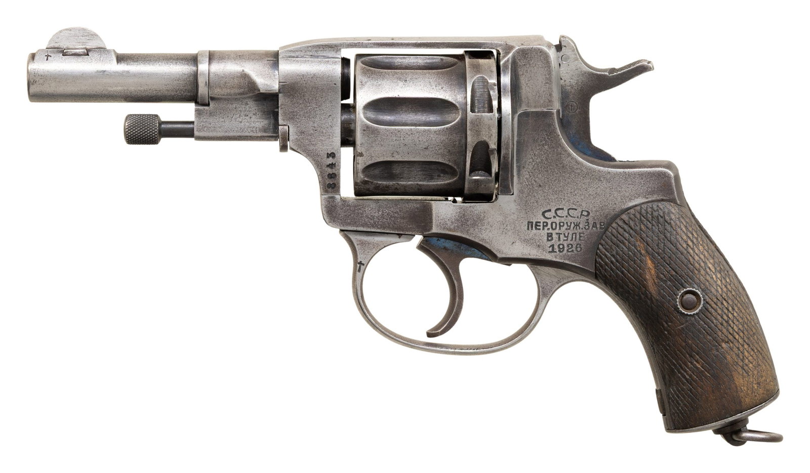 EXCEEDINGLY SCARCE SOVIET "1926" DATE 1895 NAGANT: NKVD OFFICERS MODEL DOUBLE ACTION REVOLVER. Cal. 7.62x38mmR. S# 8643. Bbl. 3 3/8". 1 of only approx. 25,000 Model 1895 Nagant NKVD Officer's Model (also referred to as the "Commanding Officer's Model"