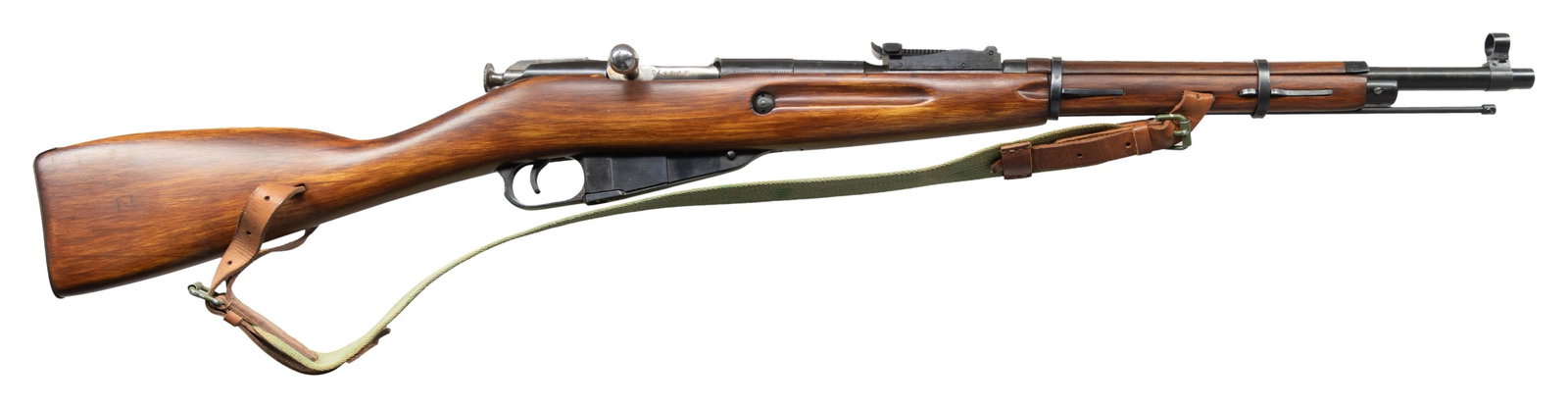 RUSSIAN M38 BOLT ACTION CARBINE.: Cal. 7.62x54R. S# SR2570. Bbl. 21". with dovetailed hooded front sight. M91/30 tangent adj rear sight altered to be graduated to 10. Smooth straight grip finger groove stock. Period web sling. Matchin