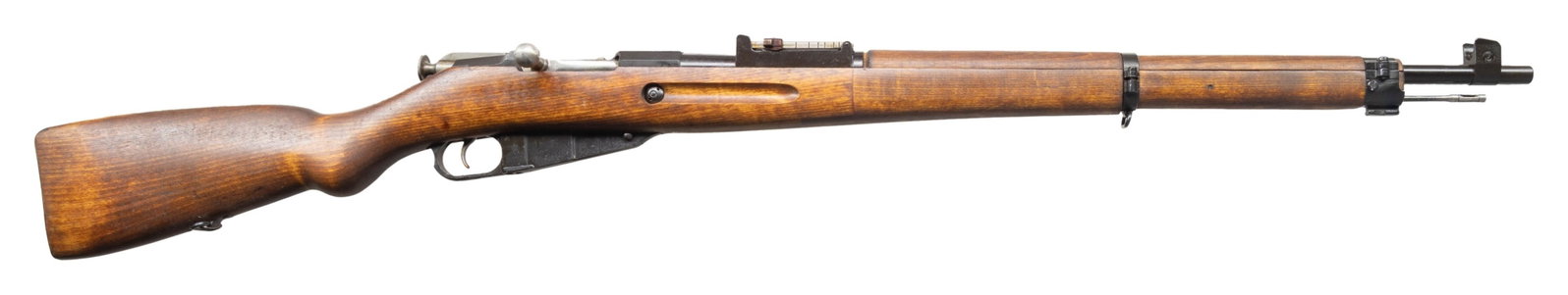 FINNISH VKT M1938 SHORT RIFLE.: Cal. 7.62x54R. S#40671. Bbl. 27". Ear protected front sight. Rear sight graduated to 10. 1941 Bbl. date. Matching numbers. CONDITION: overall very good arsenal reworked finish. Nice stock with some li