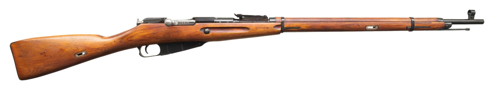 RUSSIAN M91/30 BOLT ACTION RIFLE.: Cal. 7.62x54R. S# 41965. Bbl. 30" with dovetailed hooded front sight. Tangent adj rear sight graduated to 20. Matching numbered bolt & buttplate. Import marked. CONDITION: overall very fine. Nice meta