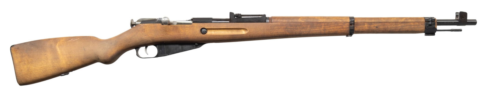 FINNISH ARMY MARKED VKT M39 BOLT ACTION SERVICE: RIFLE. Cal. 7.62x54R. S# 56194. Mfg 1942. Bbl 28" with ear protected front sight. Tangent rear sight graduated to 10. Built on an Imperial Russian Mosin action. Mismatched floorplate. Smooth pistol gr