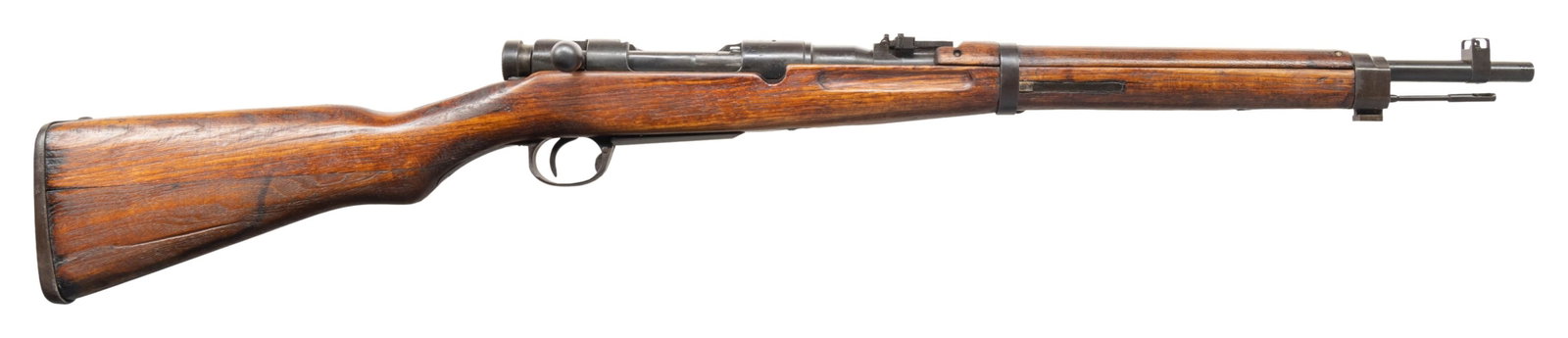 NAGOYA T38 ARISAKA BOLT ACTION CARBINE.: Cal. 6.5 Jap. S# 63545. Bbl. 19". Blade front sight with protective ears. Ladder rear sight graduated to 2000m. Matching numbers on receiver, bayonet lug, floorplate, bolt handle, extractor & safety. 