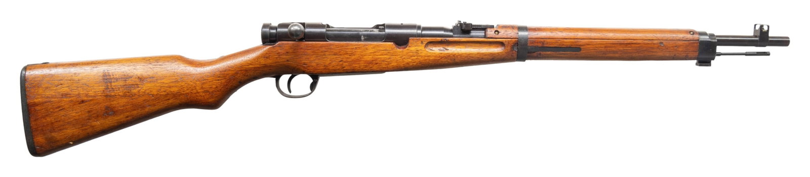 NAGOYA TYPE 38 ARISAKA BOLT ACTION CARBINE.: Cal. 6.5 Jap. S# 43371. Bbl. 19". Blade front sight with protective ears. Ladder rear sight graduated to 2000m. Matching numbers on receiver, bayonet lug, bolt handle, safety, firing pin & floorplate.