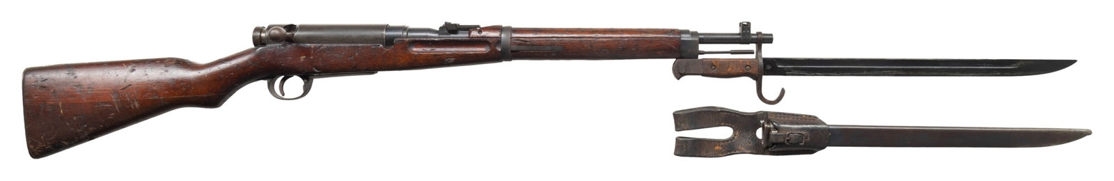 JAPANESE KOKURA T38 BOLT ACTION CARBINE.: Cal. 6.5 Jap. S# 75425. Bbl 19" with dovetailed blade front sight with protective ears. Ladder adjustable rear sight graduated to 20. Matching numbered bolt. Replacement dust cover. Smooth 2pc pistol
