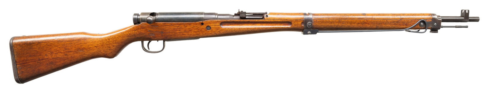 EARLY NAGOYA TYPE 99 ARISAKA BOLT ACTION RIFLE.: Cal. 7.7 Jap. S# 23302. Bbl. 25 1/2". Standard early war sights with rear having AA wings. Dust cover & in-the-white firing pin are mismatched but all other numbered parts are matching to receiver.