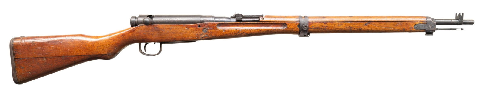 NAGOYA TYPE 99 ARISAKA BOLT ACTION RIFLE.: Cal. 7.7 Jap. S# 95878. Bbl. 25 1/2". Standard early T99 sights with rear having AA wings. Dust cover is mismatched but all other numbered parts are matching to receiver. Receiver ring has ground mum