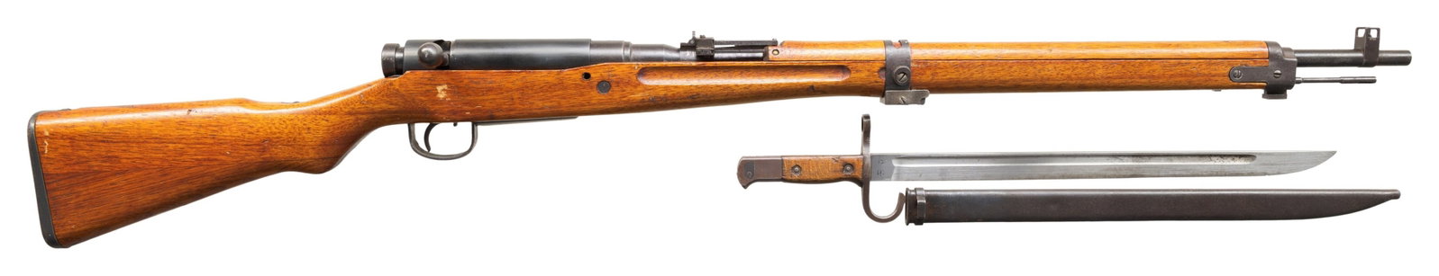 NICE EARLY NAGOYA TYPE 99 ARISAKA BOLT ACTION: RIFLE WITH INTACT MUM. Cal. 7.7 Jap. S# 84184. Bbl. 25 1/2". Blade front sight. Aperture rear sight graduated to 1500m with AA wings. Matching numbers on receiver & bayonet lug. Bolt handle,