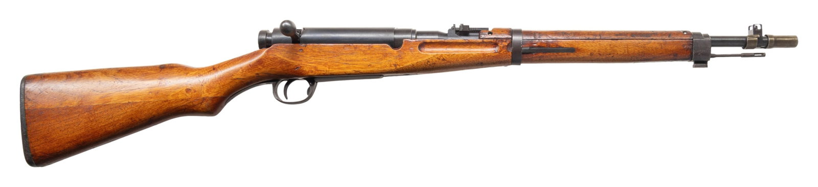 SCARCE 6TH SERIES NAGOYA T38 ARISAKA BOLT ACTION: CARBINE. Cal. 6.5 Jap. S# 3758. Bbl. 19". Blade front sight with protective ears. Ladder rear sight graduated to 2000m. Matching numbers on bolt handle, safety, bayonet lug & floorplate. Dust cover
