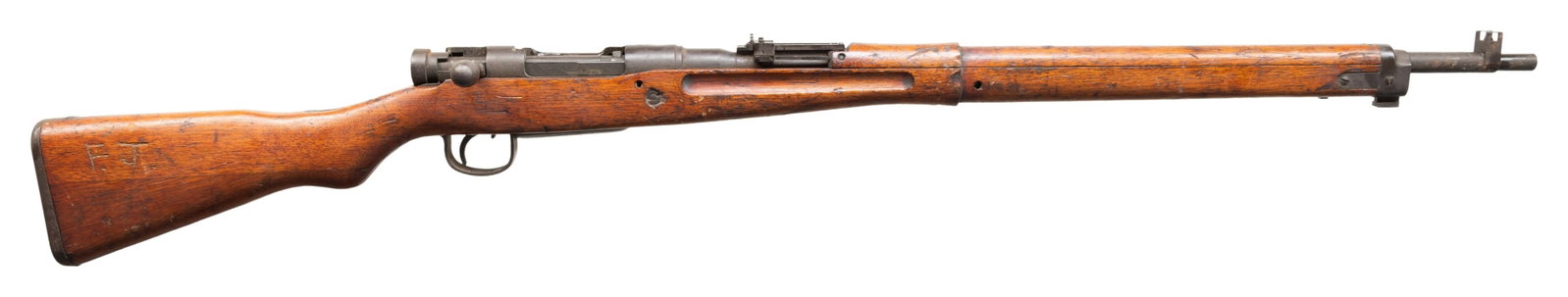 TOYO KOGYO TYPE 99 ARISAKA BOLT ACTION RIFLE.: Cal. 7.7 Jap. S# 96511. Bbl. 25 1/2".Blade front sight with protective ears. Ladder aperture rear sight graduated to 1500m. Bayonet lug is unnumbered & all bolt parts are matching including firing
