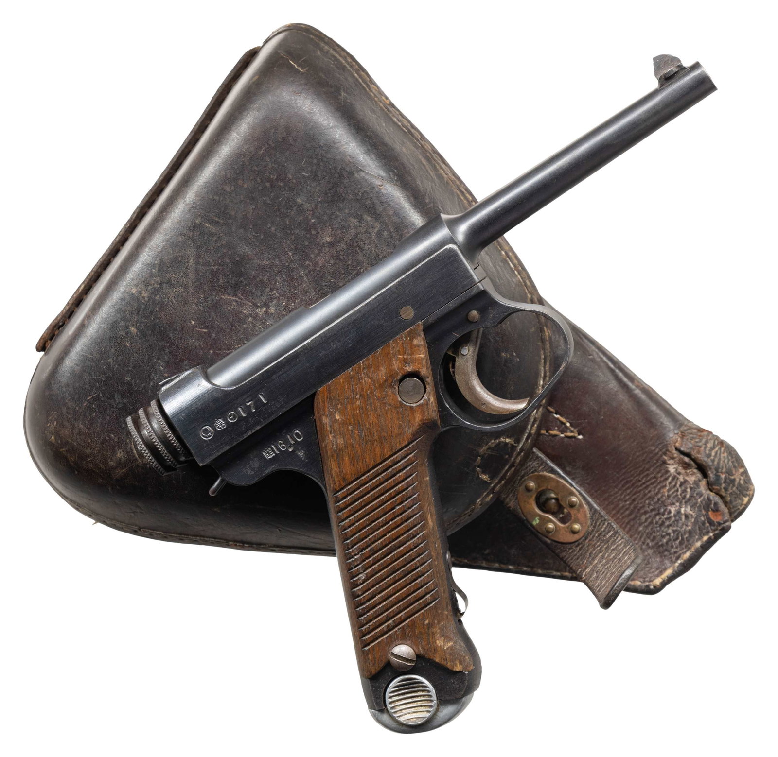 HIGH CONDITION, 3-DIGIT KOKUBUNJI SERIES I TYPE 14: NAMBU SEMI-AUTOMATIC PISTOL WITH HOLSTER. Cal. 8mm Nambu. S# 171. Bbl. 4 5/8". Series I Type 14 Nambu semi-automatic pistol mfg. at the Kokubunji factory under Nagoya supervision in October of 1941. L
