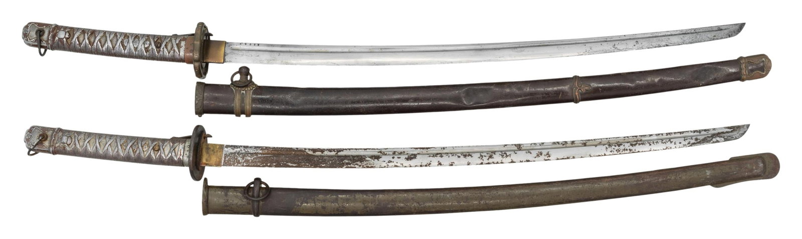 2 WWII JAPANESE NCO KATANA.: 1) Japanese WWII NCO shin gunto katana measuring 38 1/4" overall with a 27 1/2" blade with no perceptible hamon and a full length hi. The blade is numbered "115016". Gilded brass habaki with 1 seppa a