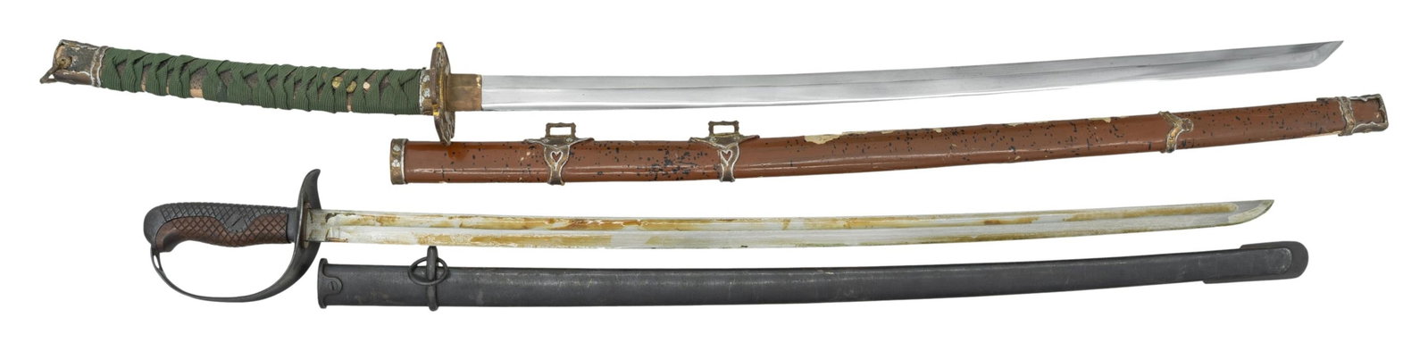 JAPANESE KATANA AND CAVALRY TROOPER SABER.: 1) A good exampleof a Japanese type 32 cavalry trooper's saber that was introduced in 1899 for mounted troops. The saber measures 37" overall with a 30 1/2" single fullered blade stamped "64762". Stee
