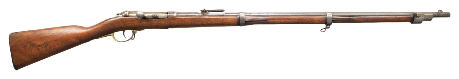 SIAMESE MARKED MAUSER 1871 BOLT ACTION RIFLE.: Cal. 11mm Mauser. S# 6A. Bbl. 33 3/4". Blade front sight. Ladder rear sight graduated to 1200m. All visible parts have matching numbers. Mauser Oberndorf made 1871 rifle later issued to Siam with