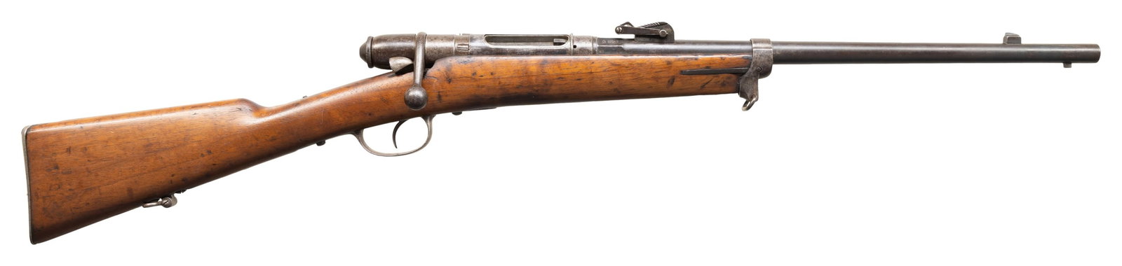 ITALIAN 1870 VETTERLI BOLT ACTION CAVALRY CARBINE.: Cal. 10.4 Vetterli. S# A9742. Bbl. 17 3/4". Blade front sight. Ladder rear sight graduated to 1000m. Bbl. has 1882 date & Torino arsenal marking. 1870 Vetterli cavalry carbine. Bayonet assembly &