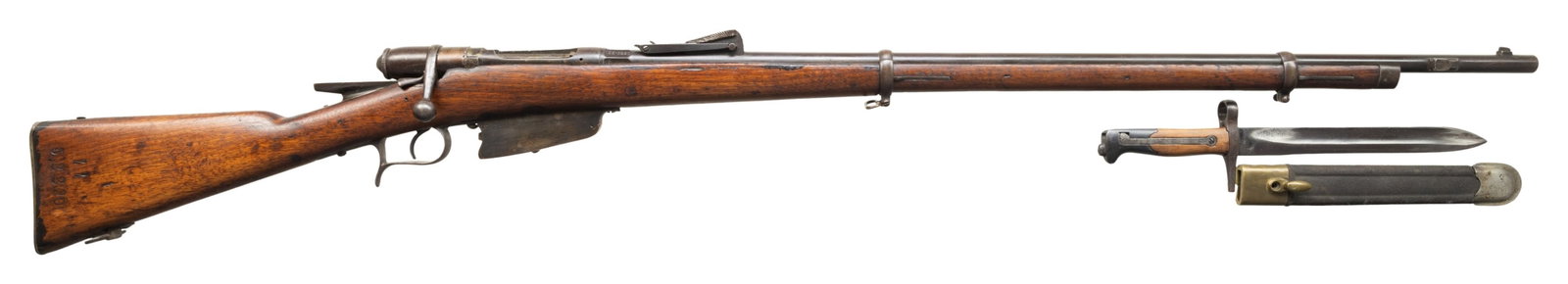 ITALIAN WW1 1870/87/15 VETTERLI BOLT ACTION RIFLE.: Cal. 6.5 Carcano. S# ZZ5220. Bbl. 33 1/4". Blade front sight. Ladder rear sight graduated to 2000m. Matching numbers on bbl. & stock as arsenal reworked. WW1 update of an Italian Vetterli rifle to