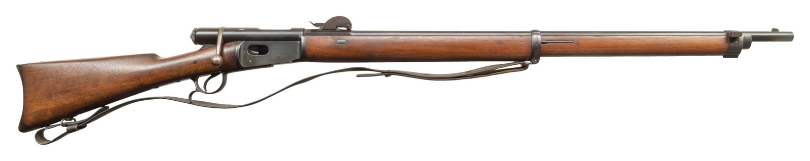 SWISS M78 VETTERLI BOLT ACTION RIFLE.: Cal. 41 RF. S# 196920. Bbl. 33". Blade front sight. Adjustable rear sight graduated to 1200m. All visible parts matching to receiver. Blue finish. Walnut stock set with bottom mounted sling swivels &