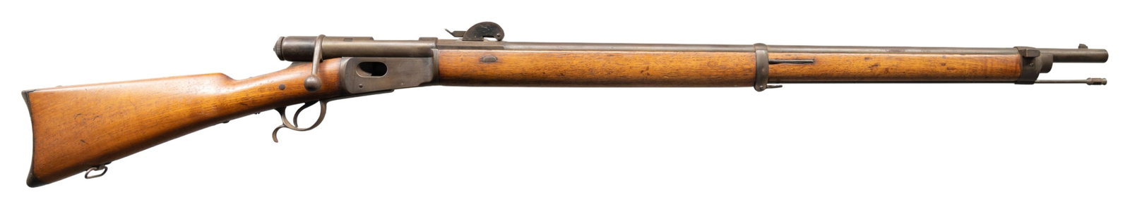 SWISS M78 VETTERLI BOLT ACTION RIFLE.: Cal. 41 Swiss. S# 200951. Bbl. 33". Standard Swiss Vetterli sights. All visible numbered parts are matching. Bern made Swiss Vetterli rifle. Walnut stock set with bottom mounted sling swivels. Cleanin