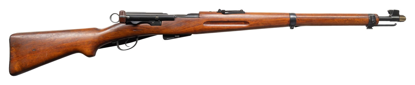 SWISS K11 STRAIGHT PULL BOLT ACTION CARBINE.: Cal. 7.5 Swiss. S# 132982. Bbl. 23 1/3". Blade front sight with protective ears. Ladder rear sight graduated to 1500m. Matching numbers on receiver, bolt, front sight trigger & mag. Receiver ring has