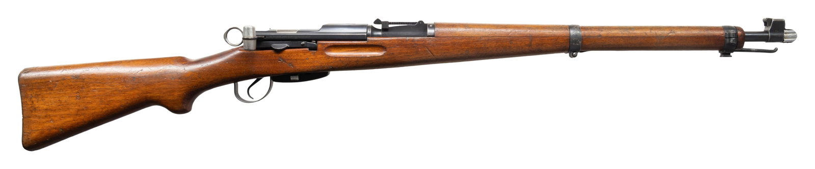 SWISS K31 STRAIGHT PULL BOLT ACTION RIFLE.: Cal. 7.5 Swiss. S#635219. Bbl. 25 1/2". Blade front sight with protective ears. Ladder rear sight graduated to 1500m. Receiver ring has Swiss cross marking. Right side of receiver has Edelweiss import