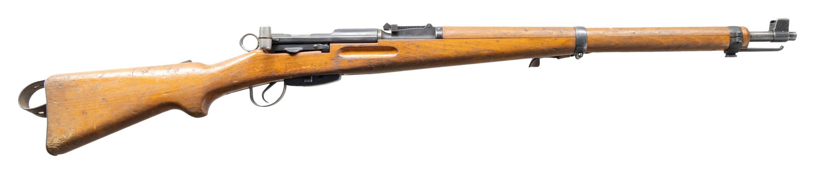 SWISS K31 STRAIGHT PULL BOLT ACTION RIFLE.: Cal. 7.5x55. S#960186. Bbl. 25 5/8" with Century import marking. Blade front sight with protective ears. Tangent rear sight graduated to 1500m. All visible matching numbers including mag. Receiver top
