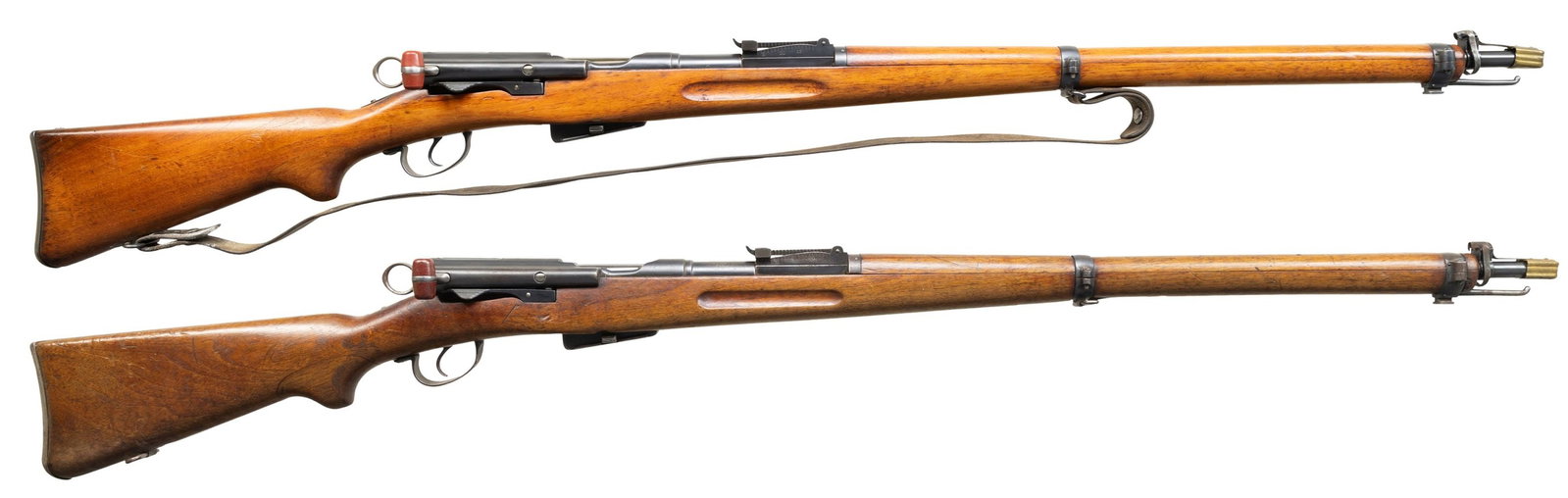 LOT OF TWO SWISS 96/11 STRAIGHT PULL BOLT ACTION: RIFLES.Both Cal. 7.5 Swiss. 1) S# 229742. Bbl. 30 3/4". Standard Swiss 1911 sights. Rear sight parts match themselves & bolt knobs appear unnumbered. Other visible parts are matching to receiver inclu