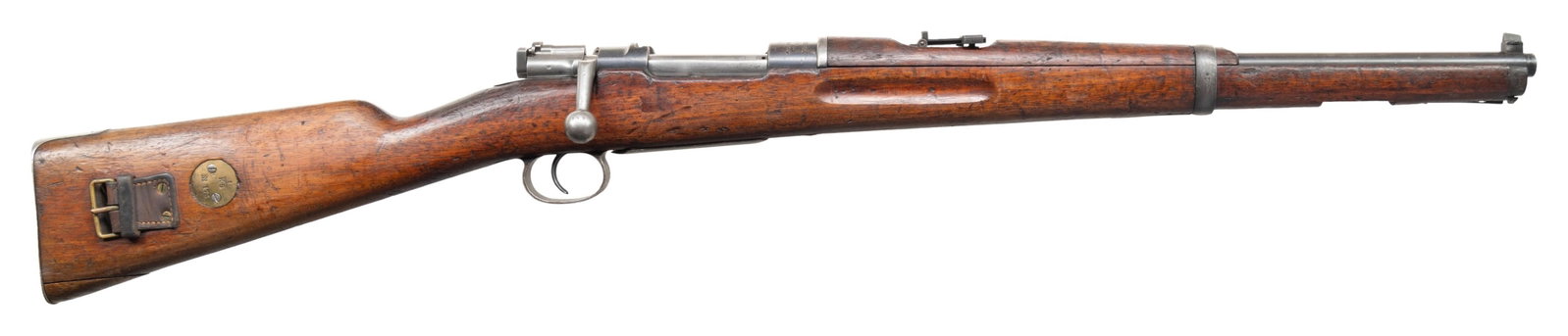 SWEDISH CONTRACT MAUSER MODEL 1894 BOLT ACTION: CARBINE. Cal. 6.5x55mm. S# 3851. Bbl. 18". Model 1894 bolt action carbine mfg. in Germany by Mauser under contract for Sweden in 1895. Top of the receiver is marked "WAFFENFABRIK/ MAUSER/ OBERNDORF A/