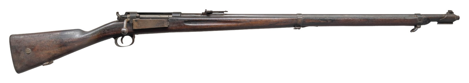 DANISH 1889 KRAG BOLT ACTION RIFLE.: Cal. 8x58 R. S# 52324. Bbl. 33" with jacket. Blade front sight. Ladder rear sight graduated to 2000m. Matching numbers on receiver, inside of mag door, bayonet lug, bolt body, bbl. & rear sight. Bolt 