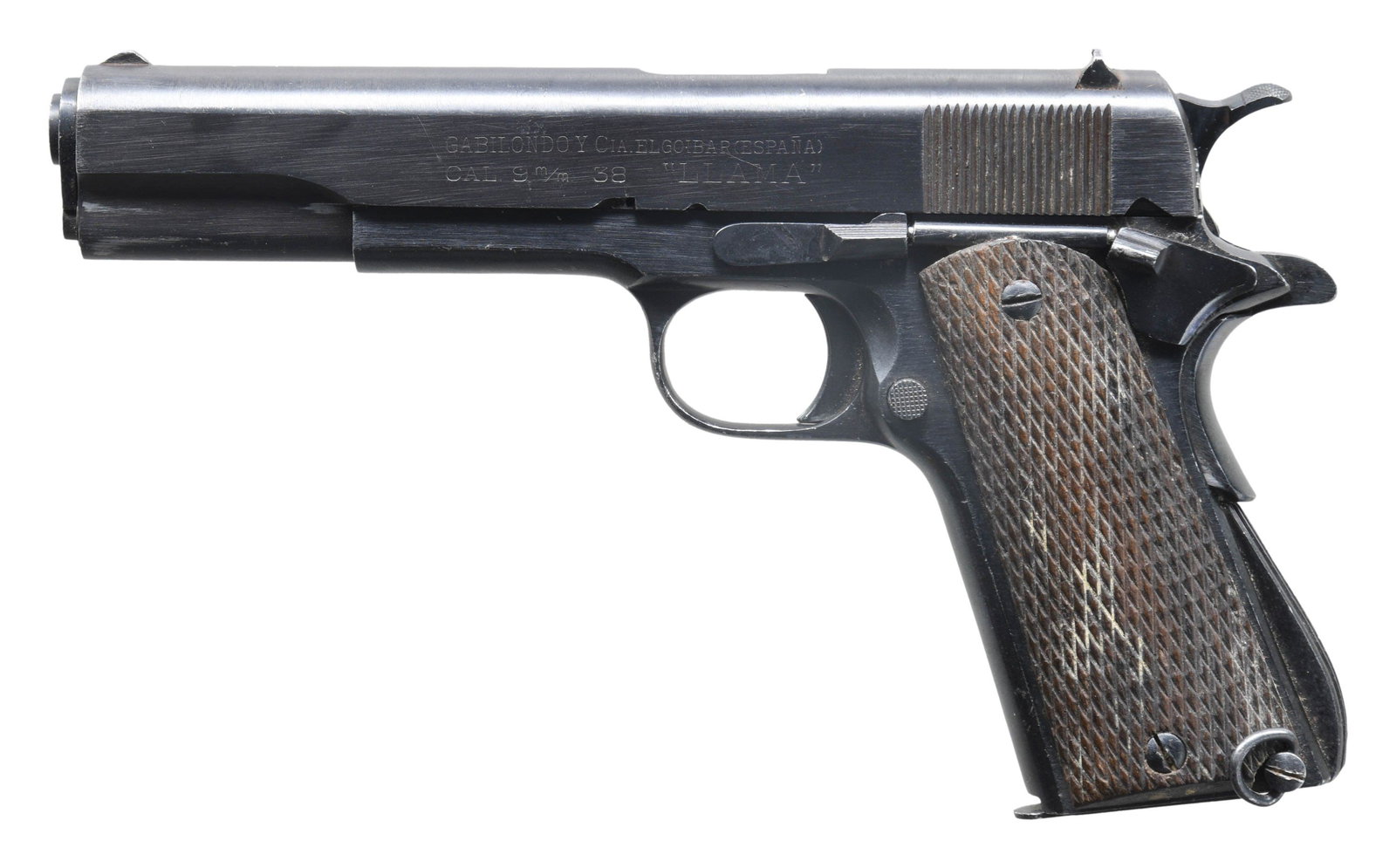 SPANISH GABILONDO Y CIA LLAMA EXTRA SEMI-AUTOMATIC: PISTOL. Cal. 9x23mm Largo. S# 34034. Bbl. 5 1/2". Llama Special semi-automatic pistol mfg. in Spain by Gabilondo Y Cia. Left side of the slide is marked with Gabilondo's mfg. information above the cal