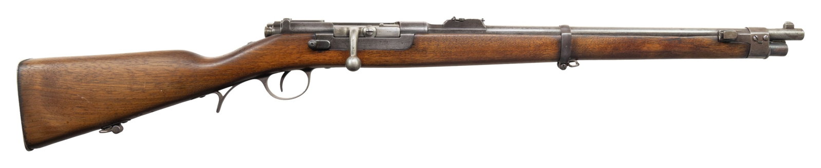 VERY EARLY (SN 2) PORTUGUESE KROPATSCHEK: BOLT ACTION CARBINE.Cal. 8x60 R. S# 2. Bbl. 20". Blade front sight. Ladder rear sight graduated to 1500m. Matching numbers on bbl. & rear sight. Turned down bolt parts & front band are mismatched. 188