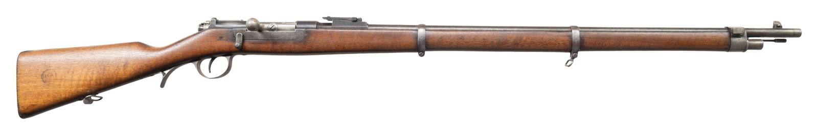 PORTUGUESE STEYR 1886 KROPATSCHEK BOLT ACTION: RIFLE. Cal. 8mm. S# GG161. Bbl. 32 1/4". Blade front sight. Ladder graduated to 2200m. Matching numbers on right sideplate, left side of butt & right side of bbl. Bolt parts are mismatched. Kropatsche