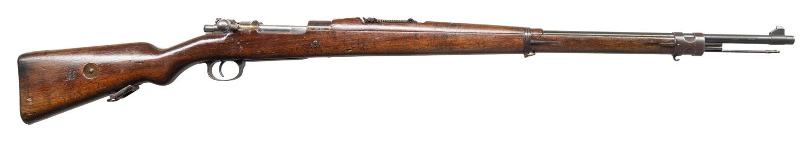 DWM BRAZILIAN M1908 BOLT ACTION RIFLE.: Cal. 7x57. S# 4231f. Bbl. 30". DWM mfg these rifles from 1908-14 and were issued in the military and government for many years. 2000m tangent rear sight. Brazilian crest found on the rec ring. Matchin