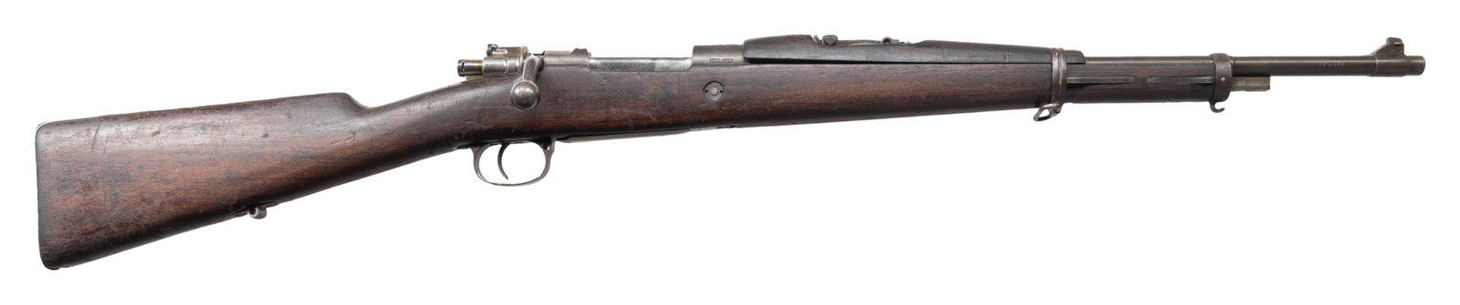 FN M1922 BRAZILIAN BOLT ACTION RIFLE.: Cal. 8mm. S# R0170. Bbl. 20". dovetailed front sight. Tangent adj rear sight graduated to 14. Brazilian crest on rec. Mismatched numbers. Import markings. CONDITION: overall fair. Metal finish has fad