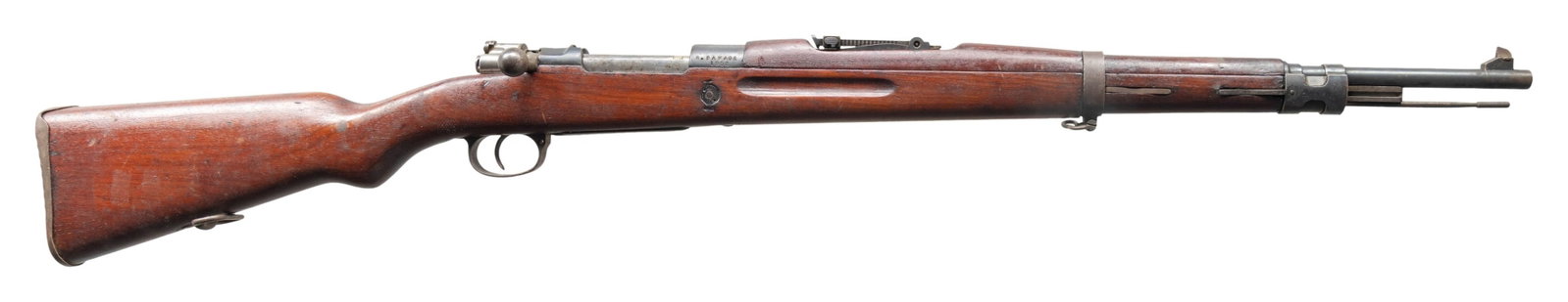 COLUMBIAN R. FAMAGE MAUSER BOLT ACTION RIFLE.: Cal. 30-06. S# F.23228. Bbl. 23 1/2". Blade front sight. Tangent rear sight graduated to 2000m. Matching numbers on receiver & bolt. Other visible parts appear unnumbered. FN, Steyr or CZ made short M