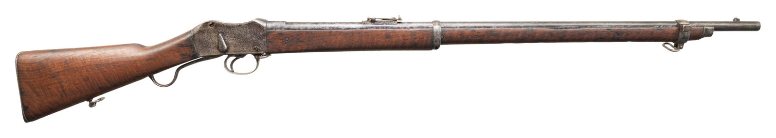 OTTOMAN B PATTERN MARTINI RIFLE.: Cal. 45 Turk. NSN. Bbl. 33". Blade front sight. Ladder rear sight graduated to 1200m. Rear sight ladder moves freely & is bent. Rifle appears to be an Ottoman "B" Pattern Martini rifle butt right side