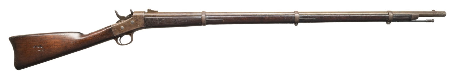 EARLY REMINGTON ROLLING BLOCK MILITARY RIFLE.: Cal. 58. NSN. Bbl. 39". Blade front sight. Flip up rear sight. Tang markings are very faint due to oxidation & wear but patent date appears to be 1866. Hardwood stock set without mounted sling swivels