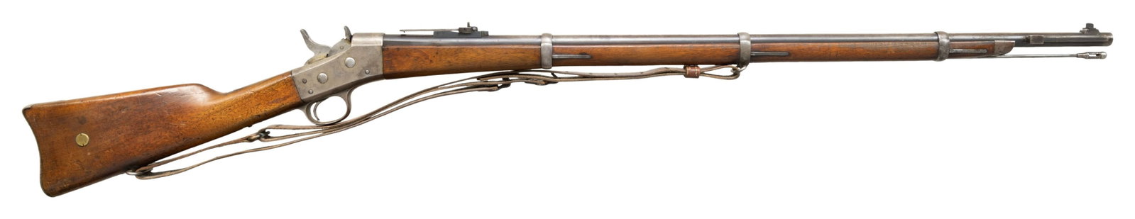 DANISH 1867/96 ROLLING BLOCK RIFLE.: Cal. 11mm CF. S# 60403. Bbl. 35 1/2". Blade front sight. Ladder rear sight graduated to 2100m. Matching numbers on bbl. & butt. Other visible parts appear unnumbered. Upper tang has Copenhagen Armory 