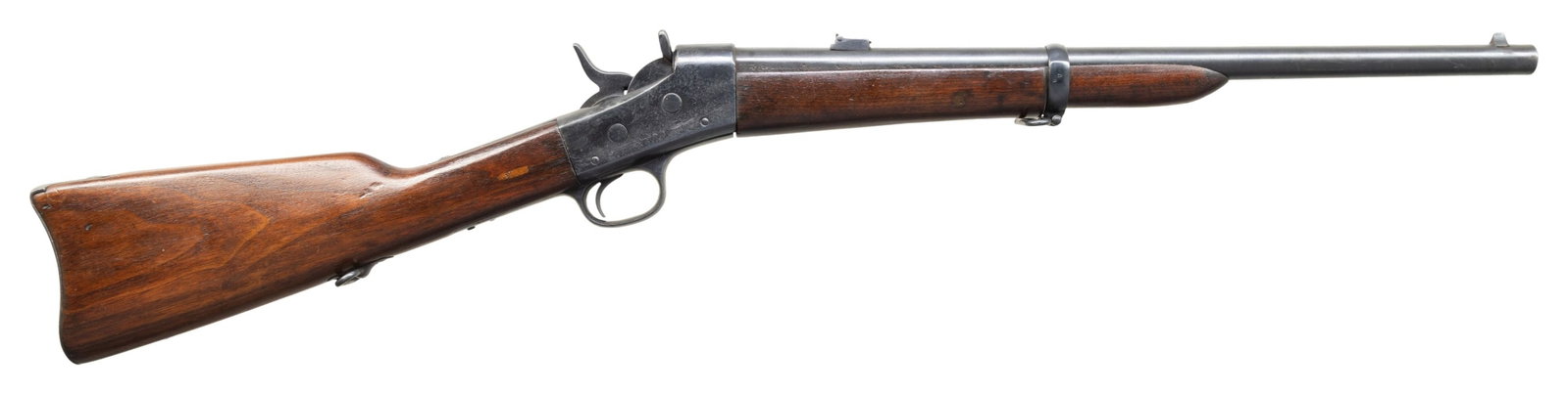 REMINGTON ROLLING BLOCK CAVALRY CARBINE.: Cal. 43 Spanish. NSN. Appears to be made for Argentina with "EN" mark on 20.5" bbl. Carbine sights. SRC action, but arsenal rework removed the saddle bar & ring. Walnut stock set w/ replacement forear