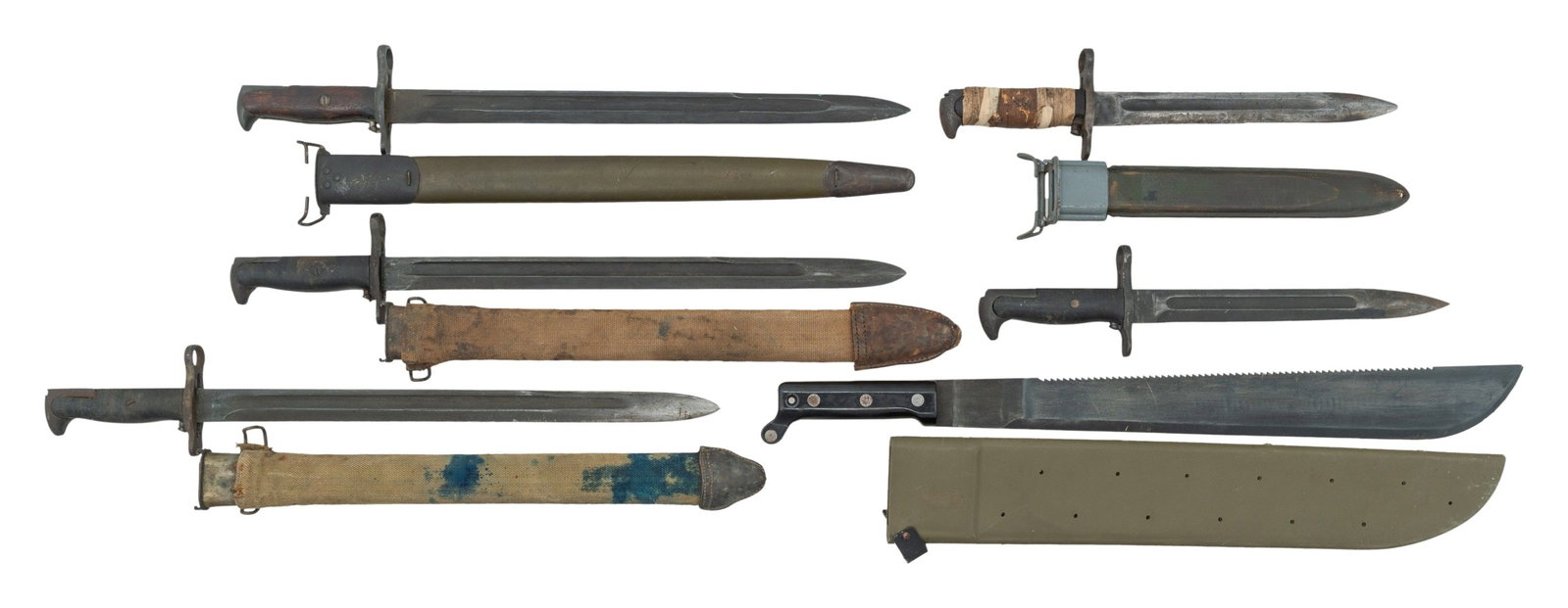 6 US EDGED WEAPONS.: 1) SPRINGFIELD ARMORY M1905. 1918 Dated blade. Steel mounted leather covered wood scabbard. CONDITION: overall very good. 2) ONEIDA LTD M1942. 1942 Dated blade. Canvas covered 1905 scabbard with