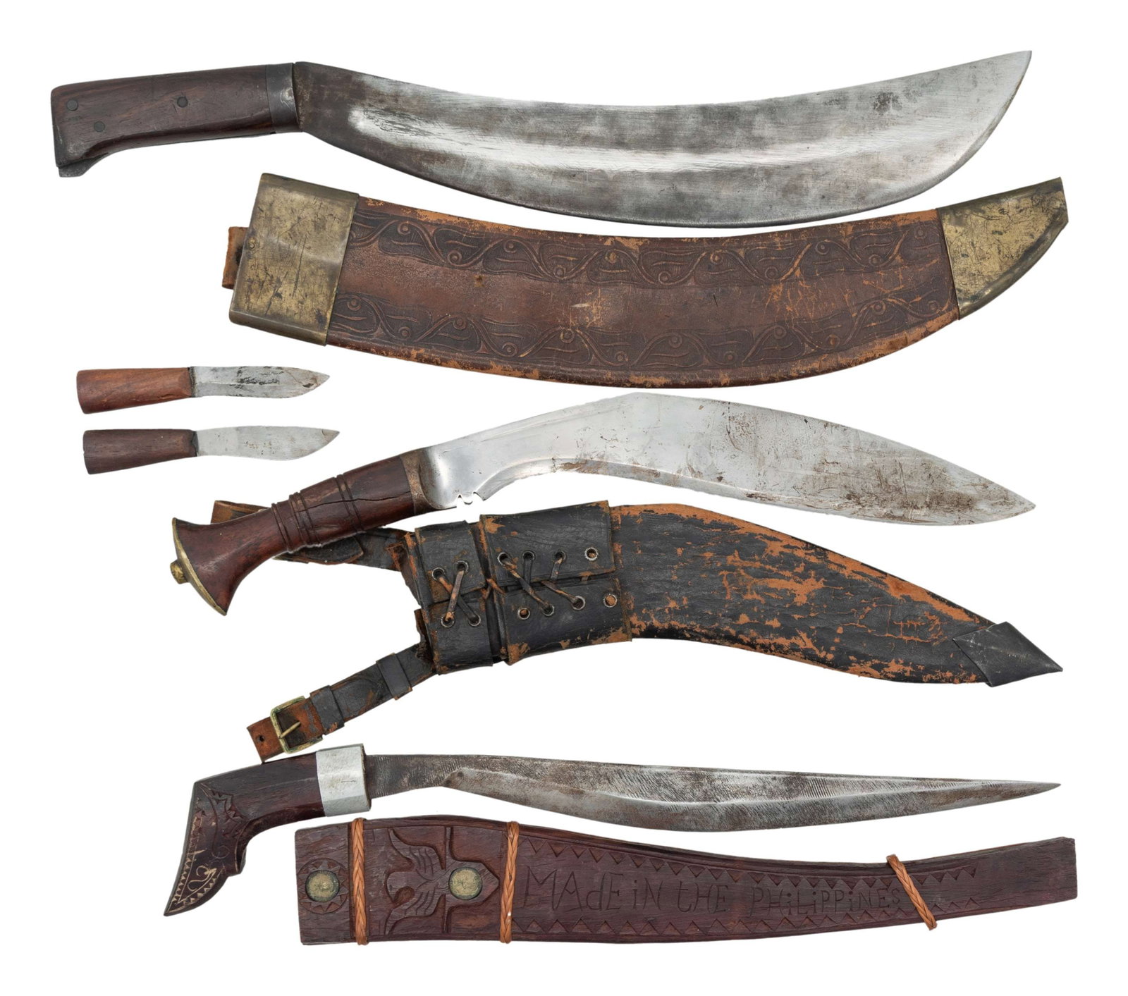 EDGED WEAPON GROUPING.: 1) COLLINS No. 1005 BOLO MACHETE. with scabbard. CONDITION: overall fair. Blade has scuffing and wear with evidence of sharpening. Grips are fair with chips and handling marks. Scabbard has some wear