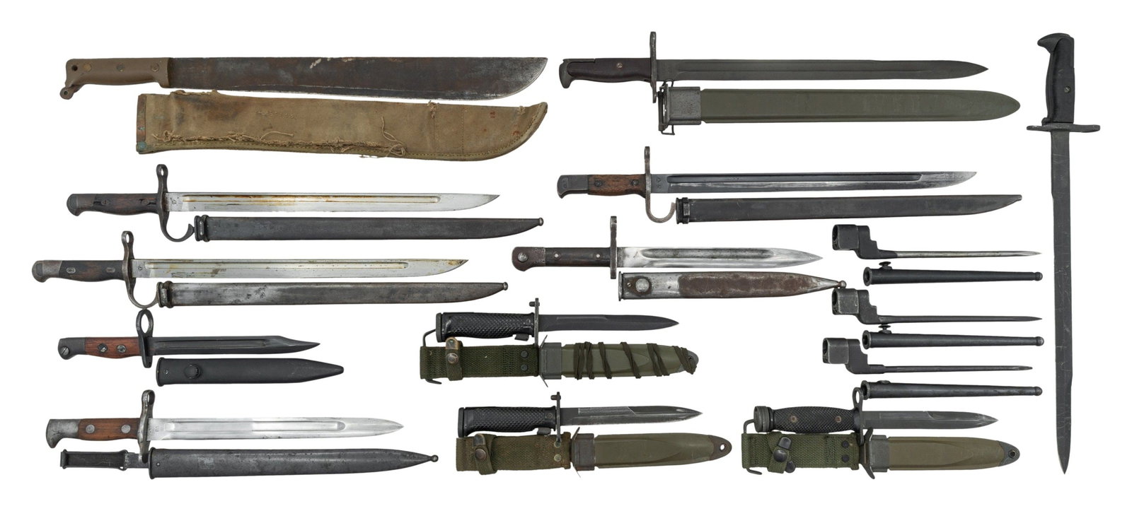 GROUPING OF 15 BAYONETS, MACHETES, & FIGHTING: KNIVES. 1) US CASE M4 with VIZ M8A1 Scabbard. CONDITION: very good. 2) US MILPAR COL M5A1 with PWH M8A1 Scabbard. CONDITION: good.3) US MILPAR COL M5A1 with TWB M8A1 Scabbard. CONDITION: very fine.