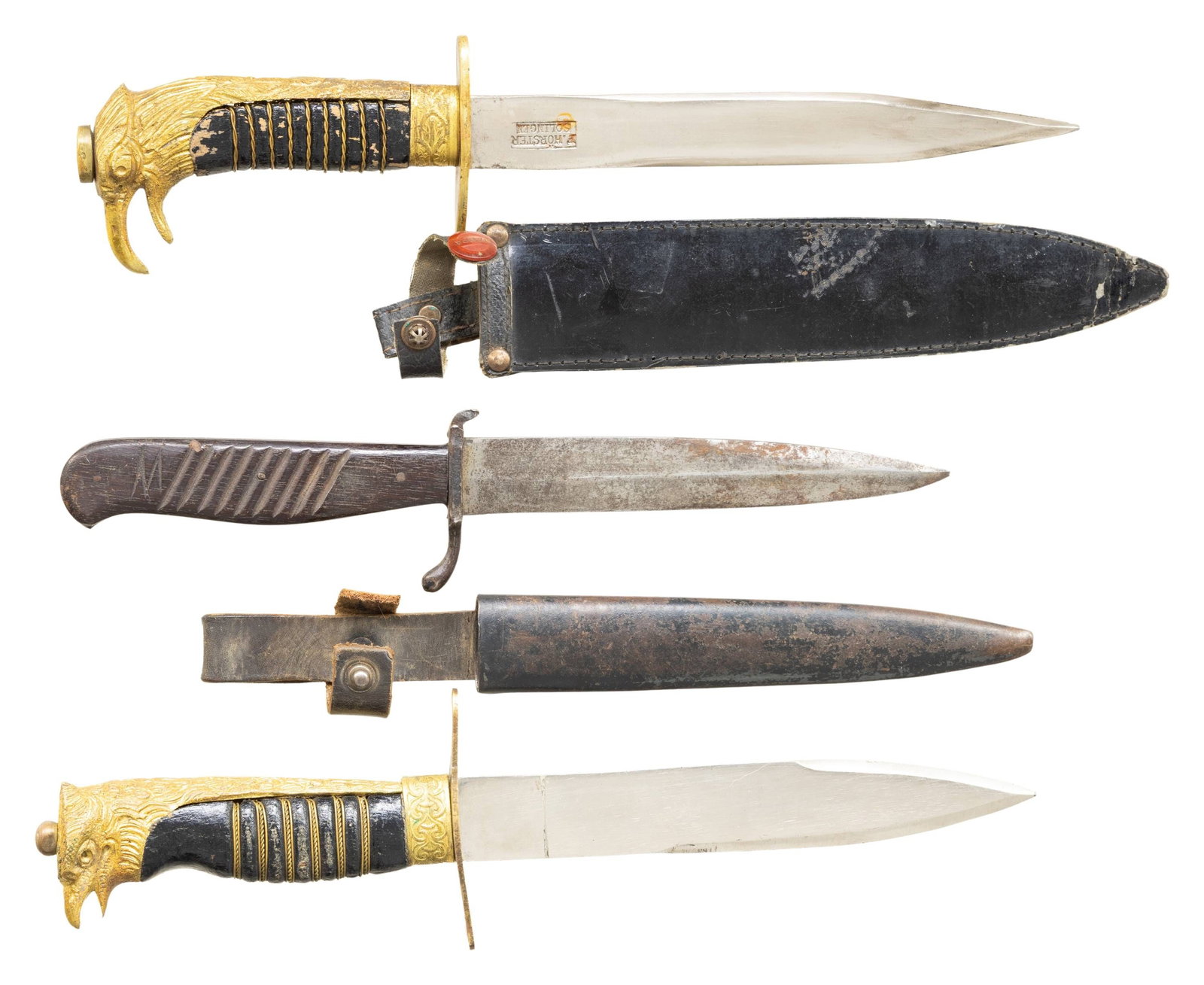 2 WWII ITALIAN YOUTH LEADER DAGGERS & 1 BOOT KNIFE: 1) WWII Italian Youth Leader's dagger measuring 11" overall with a plain unmarked blade. Gilded brass hilt with an eagle pommel and a wire wrapped leather grip. No sheath. CONDITION: light wear. 2)