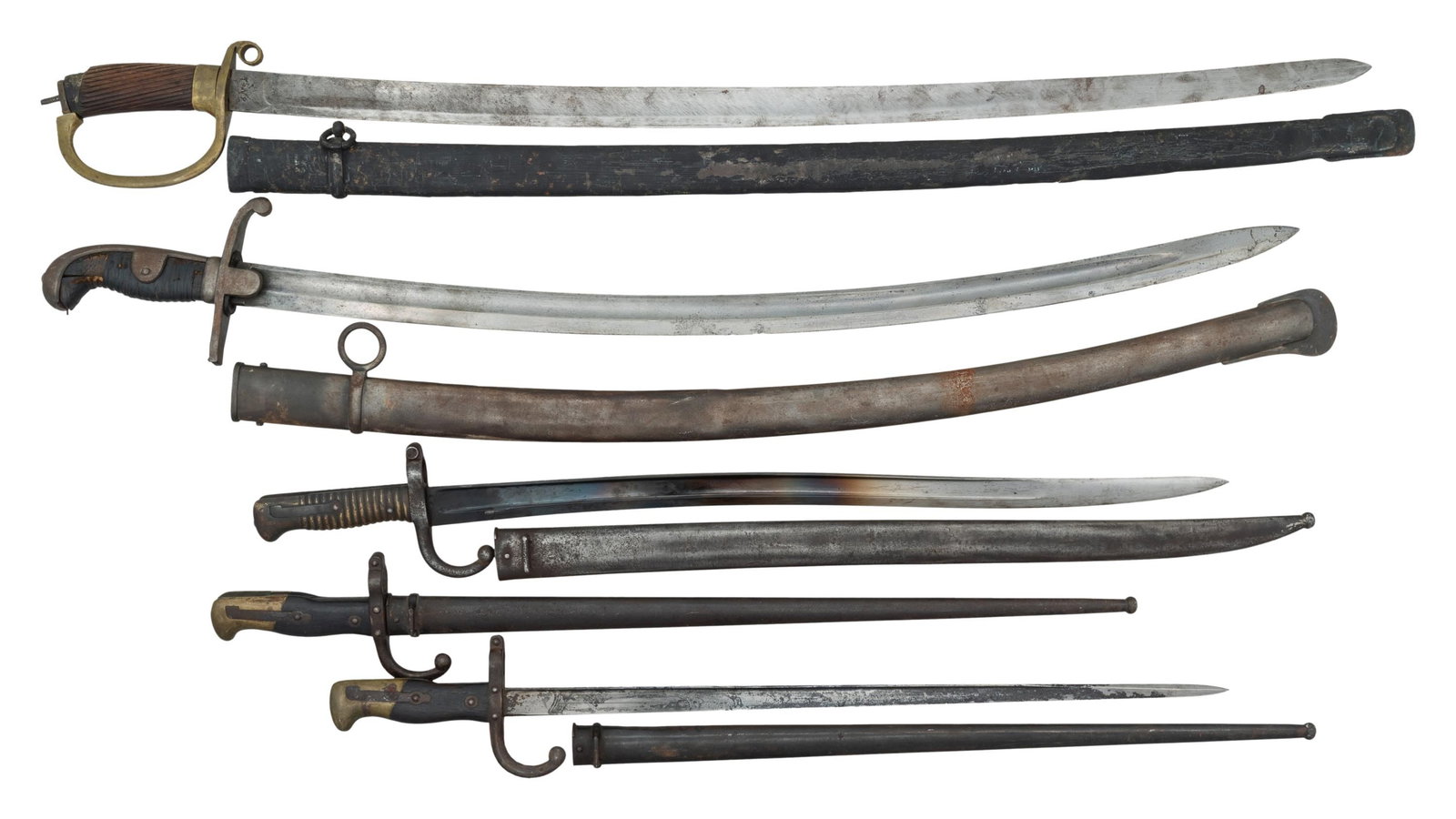 3 EUROPEAN BAYONETS AND 2 SWORDS.: This lot includes 1 French M1866 Chasspot bayonet and scabbard, 2 French M1874 Bayonets and scabbards, 1 European artillery saber measuring 36 1/2" overall with a 30" blade. Iron hilt with a broken