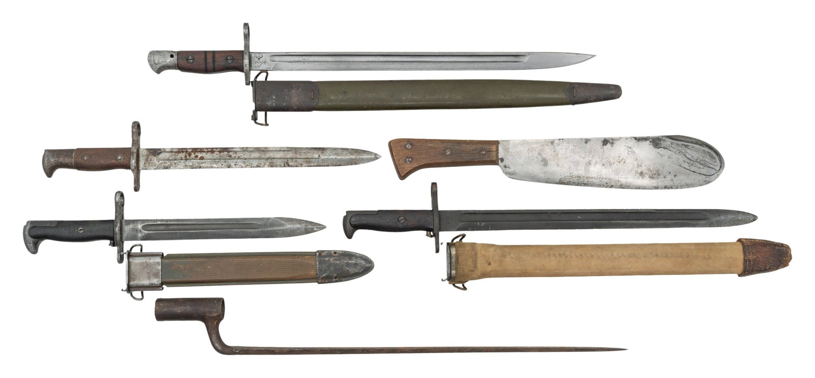4 US BAYONETS, 1 PRUSSIAN SOCKET & USMC BOLO: 1) USMC US MEDICAL CORPS BOLO KNIFE. No scabbard. CONDITION: blade has scattered staining and old freckled oxidation. Grips are cracked with initials CLC carved in one of the scales. Rivets and tang