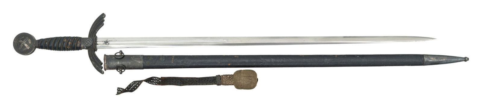 WWII GERMAN LUFTWAFFE OFFICERS SWORD BY EICKHORN.: A good example of a WWII German Luftwaffe Officers sword measuring 37 1/4" overall with a 28 1/2" plain single fullered blade marked "ORIGINAL ( logo ) Eickhorn SOLINGEN". Plated hilt with feathered