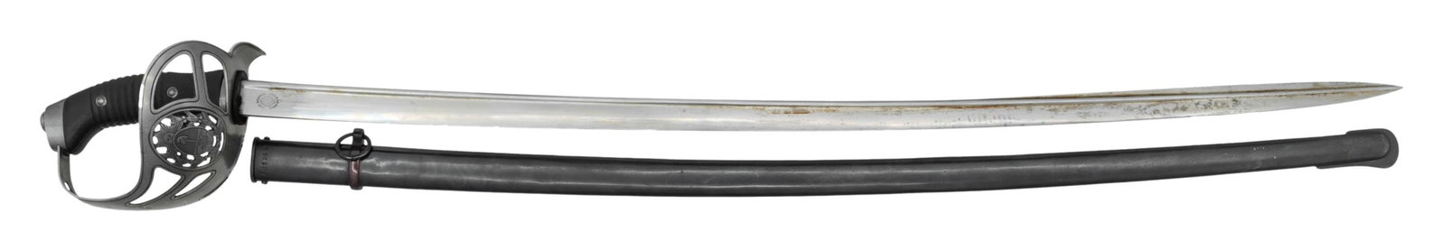 ARGENTINE 1898 CAVALRY SABER WITH SCABBARD.: S# A01369; matching # on scabbard. Mfg. by Weyersberg, Kirshbaum & Co. of Solingen, Germany for the Argentine Army. Overall: 40.5". Blade: 34.5". Plated with Argentine crest on blade & guard. Finger