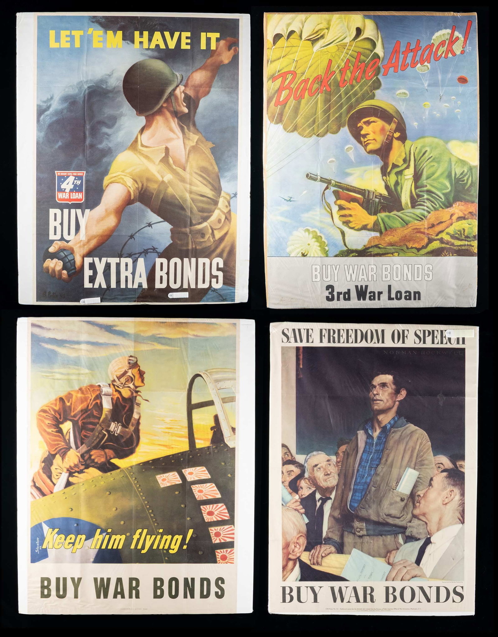 4 WAR BOND POSTERS: This fine group of war bond posters includes 1 Famous poster MEASURING 28" x 20" showing a man giving a speech in a town hall with the words "SAVE FREEDOM OF SPEECH BUY WAR BONDS", 1 Poster measuring 
