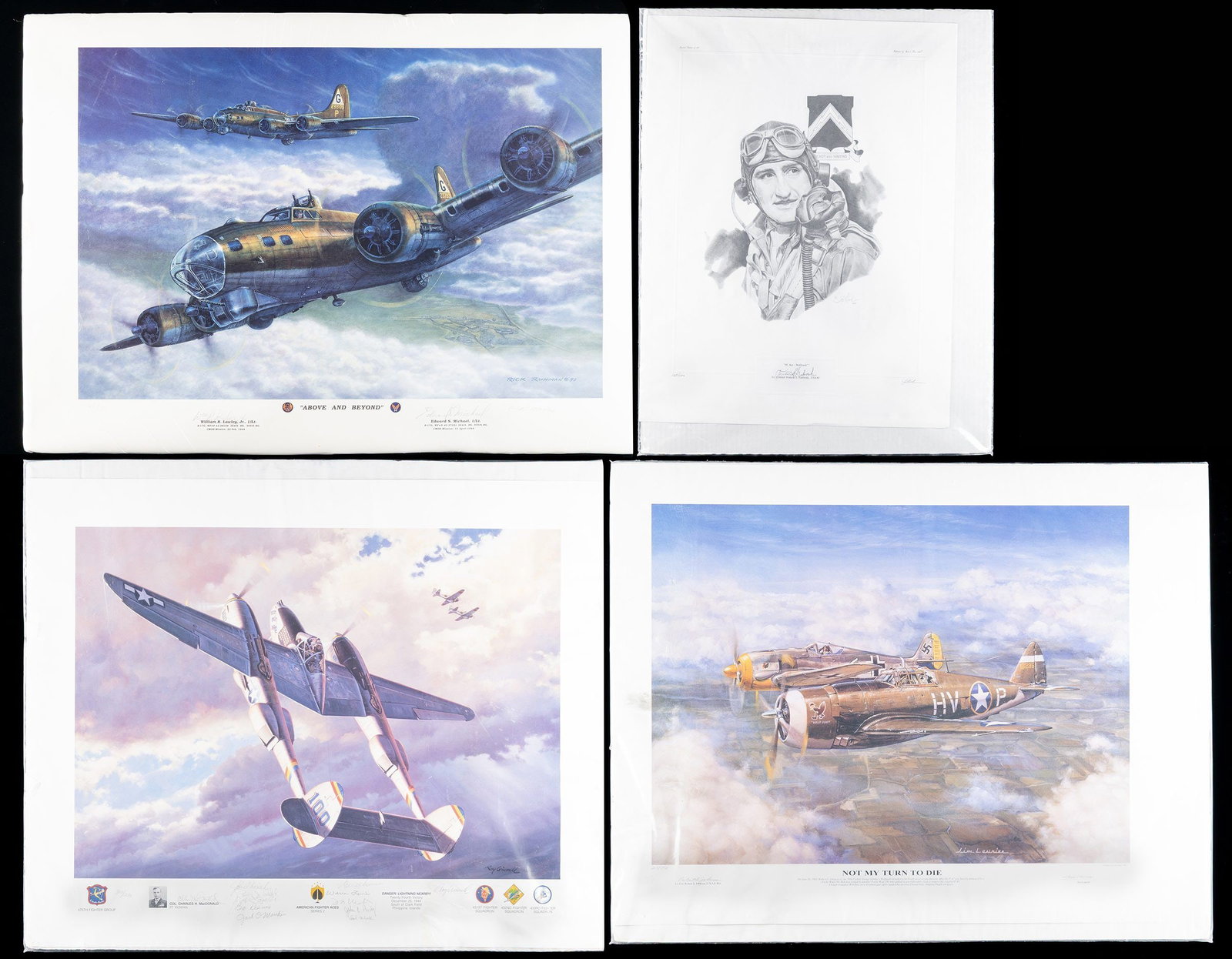 4 ARMY AIR CORPS RELATED PRINTS.: This group of 4 prints include 1 Print measuring 28" x 23" titled "NOT MY TURN TO DIE" and shows a badly shot up P-47 with a Luftwaffe pilot in a FW-190 beside him saluting. The Luftwaffe pilot chose