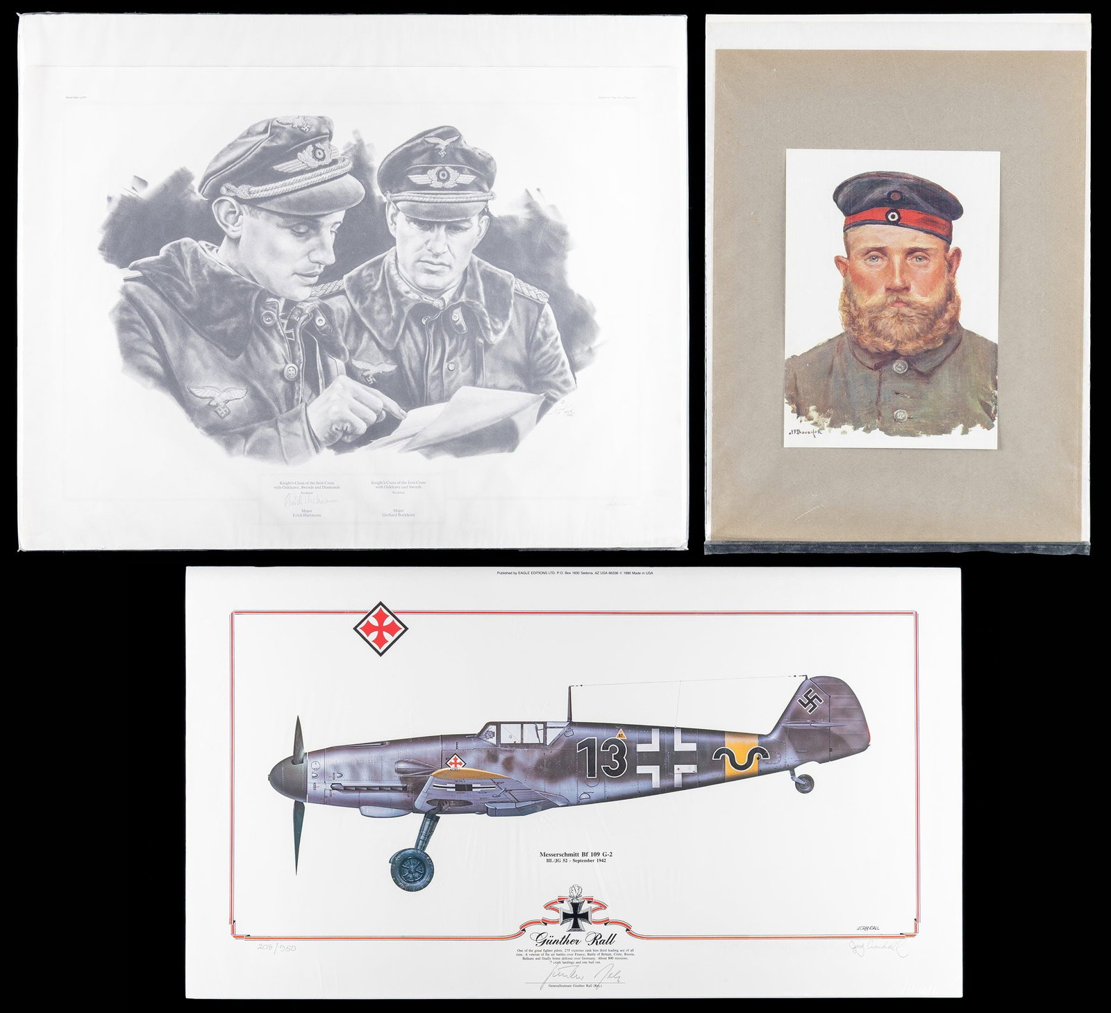 3 WWII GERMAN RELATED POSTERS.: This lot of prints consists of 1 Print of a German WWI soldier measuring 8 1/2" x 6", 1 Print measuring 27" x 15" of Gunther Rall's Messerschmitt signed by Rall, and 1 Print measuring 29 1/2" x 24" fe